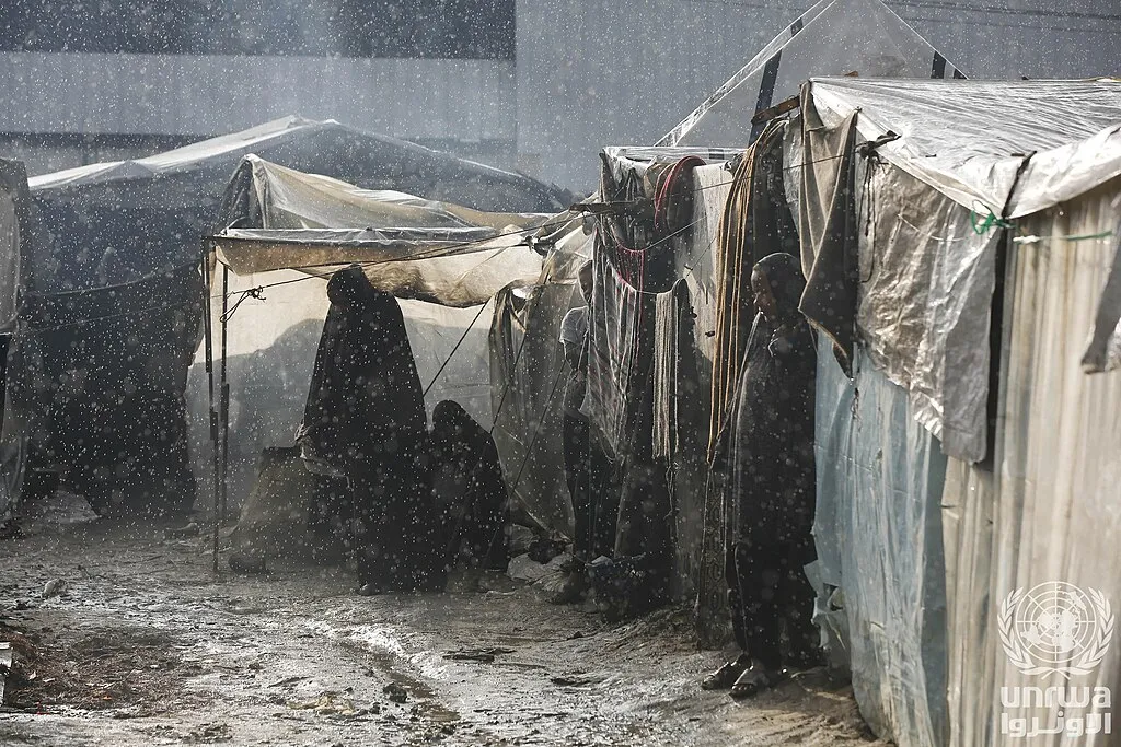Flooded tents of displaced Palestinians due to heavy rain in Deir el-Balah, Gaza Strip.